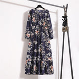 Spring and Autumn Crew Neck Bubble Sleeve Waist Floral Dress Women's Spring New Street Fashion Skinny Casual Long Dress - Negative Apparel