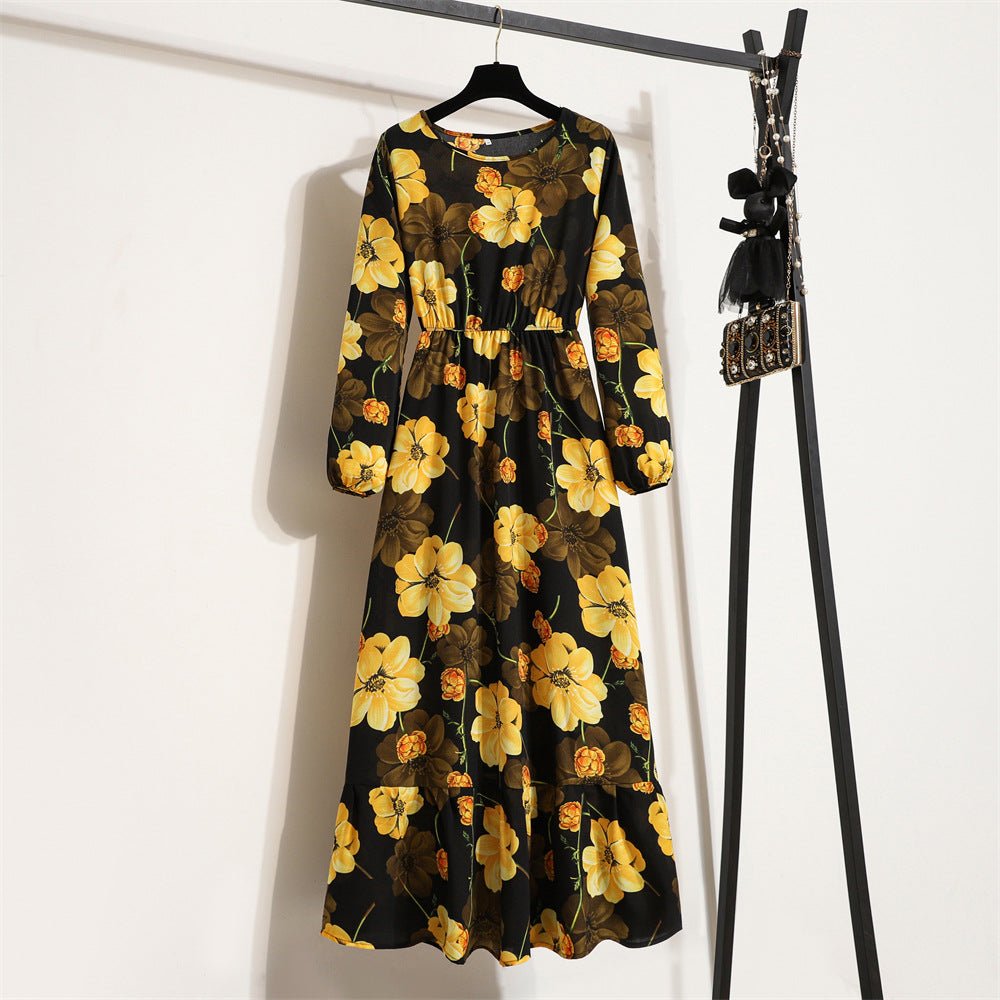 Spring and Autumn Crew Neck Bubble Sleeve Waist Floral Dress Women's Spring New Street Fashion Skinny Casual Long Dress - Negative Apparel