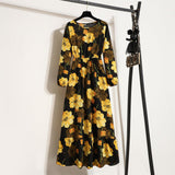 Spring and Autumn Crew Neck Bubble Sleeve Waist Floral Dress Women's Spring New Street Fashion Skinny Casual Long Dress - Negative Apparel