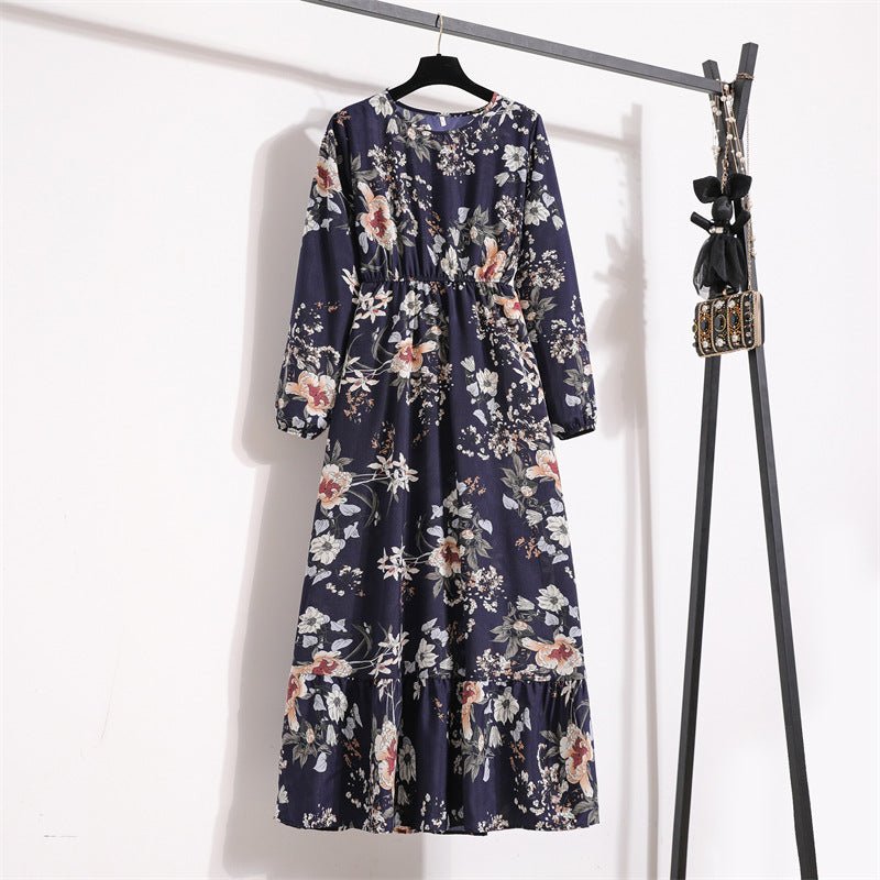 Spring and Autumn Crew Neck Bubble Sleeve Waist Floral Dress Women's Spring New Street Fashion Skinny Casual Long Dress - Negative Apparel