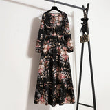Spring and Autumn Crew Neck Bubble Sleeve Waist Floral Dress Women's Spring New Street Fashion Skinny Casual Long Dress - Negative Apparel