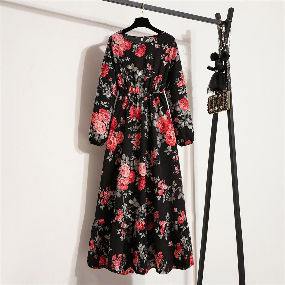Spring and Autumn Crew Neck Bubble Sleeve Waist Floral Dress Women's Spring New Street Fashion Skinny Casual Long Dress - Negative Apparel