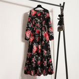 Spring and Autumn Crew Neck Bubble Sleeve Waist Floral Dress Women's Spring New Street Fashion Skinny Casual Long Dress - Negative Apparel