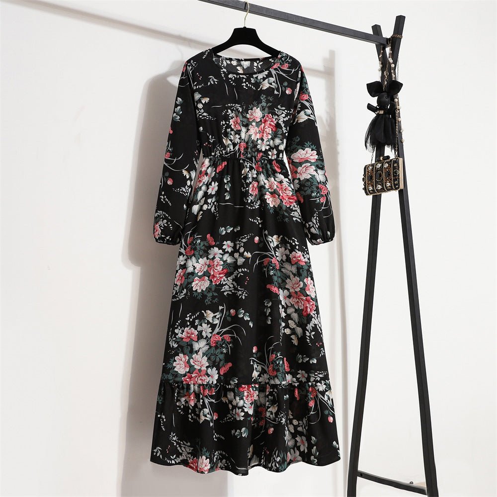 Spring and Autumn Crew Neck Bubble Sleeve Waist Floral Dress Women's Spring New Street Fashion Skinny Casual Long Dress - Negative Apparel