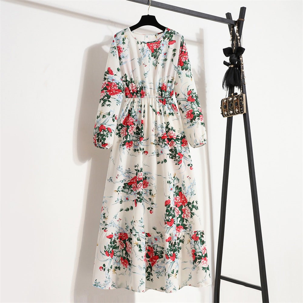 Spring and Autumn Crew Neck Bubble Sleeve Waist Floral Dress Women's Spring New Street Fashion Skinny Casual Long Dress - Negative Apparel