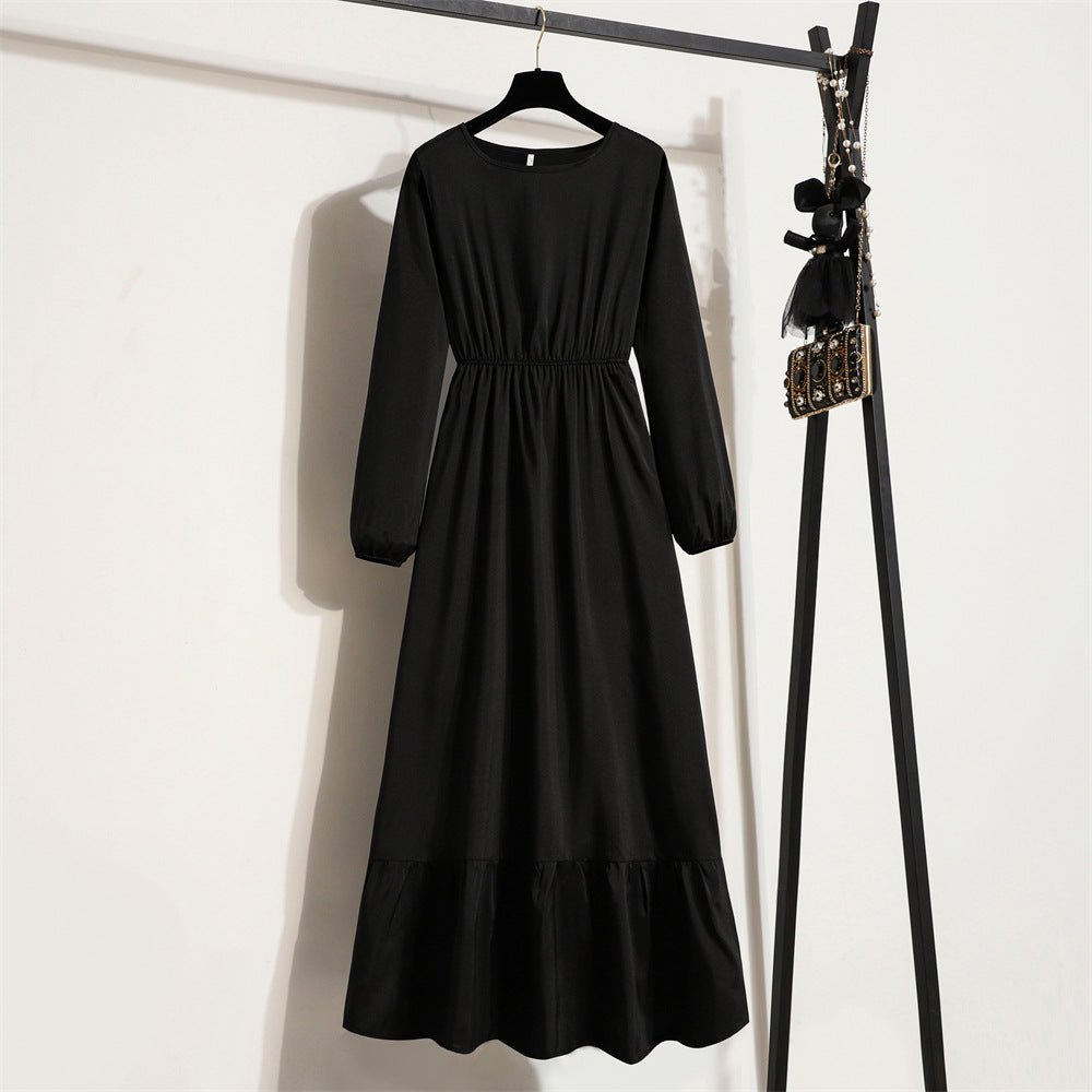 Spring and Autumn Crew Neck Bubble Sleeve Waist Floral Dress Women's Spring New Street Fashion Skinny Casual Long Dress - Negative Apparel