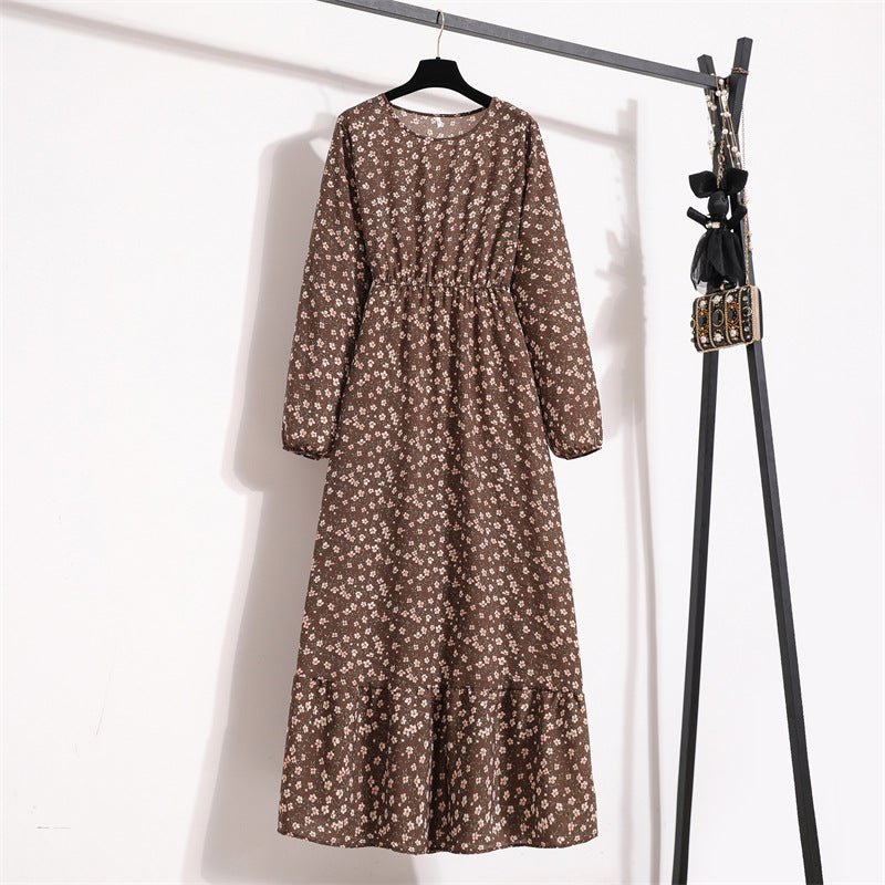 Spring and Autumn Crew Neck Bubble Sleeve Waist Floral Dress