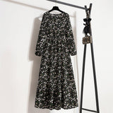 Spring and Autumn Crew Neck Bubble Sleeve Waist Floral Dress Women's Spring New Street Fashion Skinny Casual Long Dress - Negative Apparel