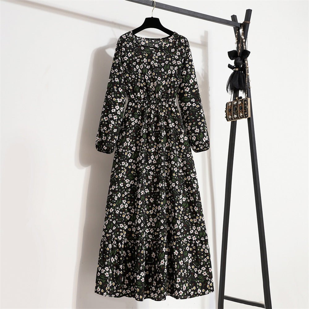 Spring and Autumn Crew Neck Bubble Sleeve Waist Floral Dress Women's Spring New Street Fashion Skinny Casual Long Dress - Negative Apparel