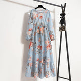 Spring and Autumn Crew Neck Bubble Sleeve Waist Floral Dress Women's Spring New Street Fashion Skinny Casual Long Dress - Negative Apparel