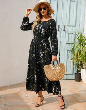 Spring and autumn floral chiffon dress waist thin long sleeve round neck long printed skirt children - Negative Apparel