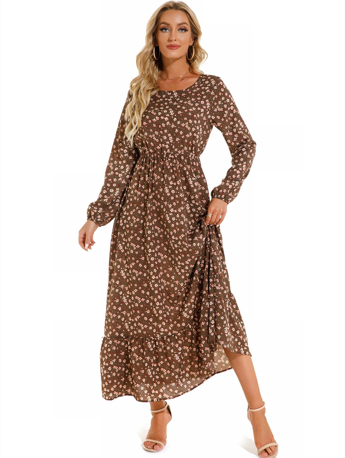 Spring and autumn floral chiffon dress waist thin long sleeve round neck long printed skirt children - Negative Apparel
