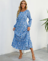 Spring and autumn floral chiffon dress waist thin long sleeve round neck long printed skirt children - Negative Apparel