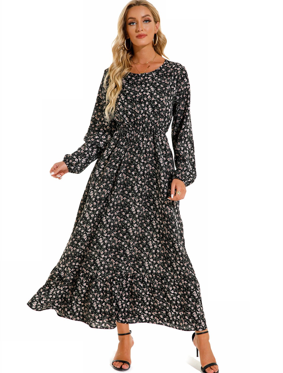 Spring and autumn floral chiffon dress waist thin long sleeve round neck long printed skirt children - Negative Apparel
