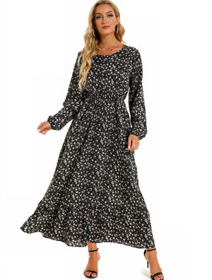Spring and autumn floral chiffon dress waist thin long sleeve round neck long printed skirt children - Negative Apparel