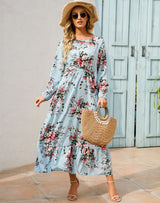 Spring and autumn floral chiffon dress waist thin long sleeve round neck long printed skirt children - Negative Apparel
