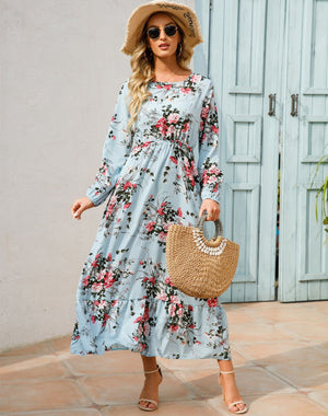 Spring and autumn floral chiffon dress waist thin long sleeve round neck long printed skirt children - Negative Apparel