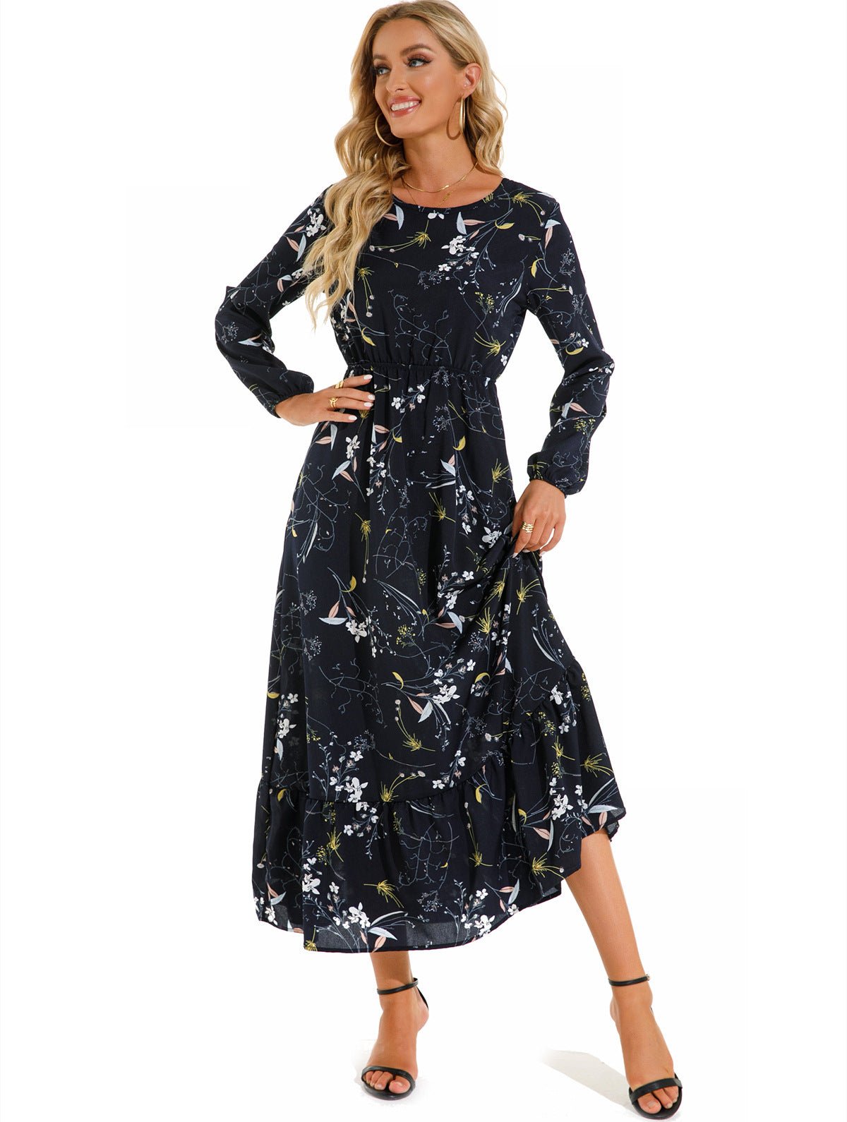 Spring and autumn floral chiffon dress waist thin long sleeve round neck long printed skirt children - Negative Apparel