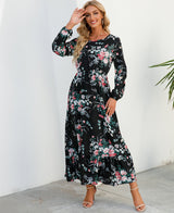 Spring and autumn floral chiffon dress waist thin long sleeve round neck long printed skirt children - Negative Apparel