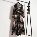 Spring and autumn floral chiffon dress waist thin long sleeve round neck long printed skirt children - Negative Apparel