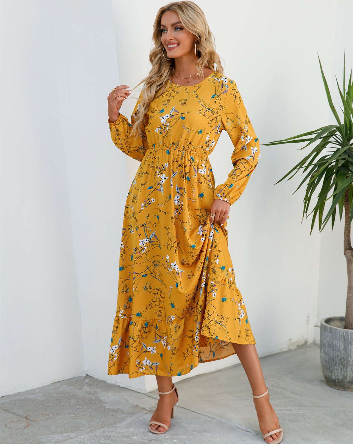 Spring and autumn floral chiffon dress waist thin long sleeve round neck long printed skirt children - Negative Apparel