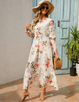 Spring and autumn floral chiffon dress waist thin long sleeve round neck long printed skirt children - Negative Apparel