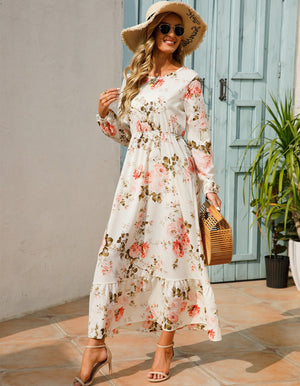 Spring and autumn floral chiffon dress waist thin long sleeve round neck long printed skirt children - Negative Apparel