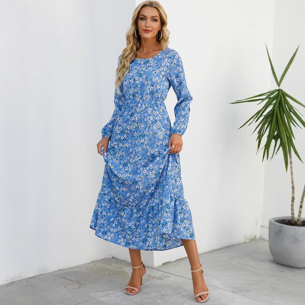 Spring and autumn floral chiffon dress waist thin long sleeve round neck long printed skirt children - Negative Apparel