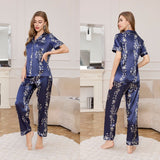 Spring and Autumn Ice Silk Pajamas Women's Short Sleeve Pants Set Premium Printed Homewear Summer Breathable TZ3432 - Negative Apparel