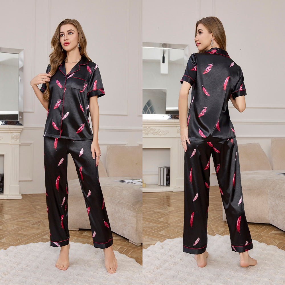 Spring and Autumn Ice Silk Pajamas Women's Short Sleeve Pants Set Premium Printed Homewear Summer Breathable TZ3432 - Negative Apparel