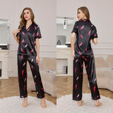 Spring and Autumn Ice Silk Pajamas Women's Short Sleeve Pants Set Premium Printed Homewear Summer Breathable TZ3432 - Negative Apparel