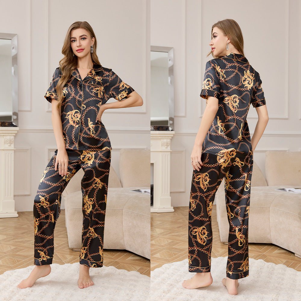 Spring and Autumn Ice Silk Pajamas Women's Short Sleeve Pants Set Premium Printed Homewear Summer Breathable TZ3432 - Negative Apparel