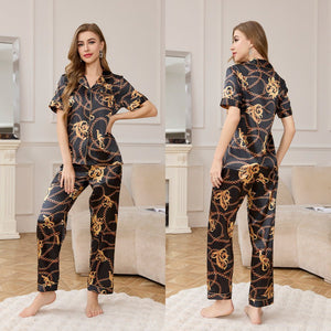 Spring and Autumn Ice Silk Pajamas Women's Short Sleeve Pants Set Premium Printed Homewear Summer Breathable TZ3432 - Negative Apparel