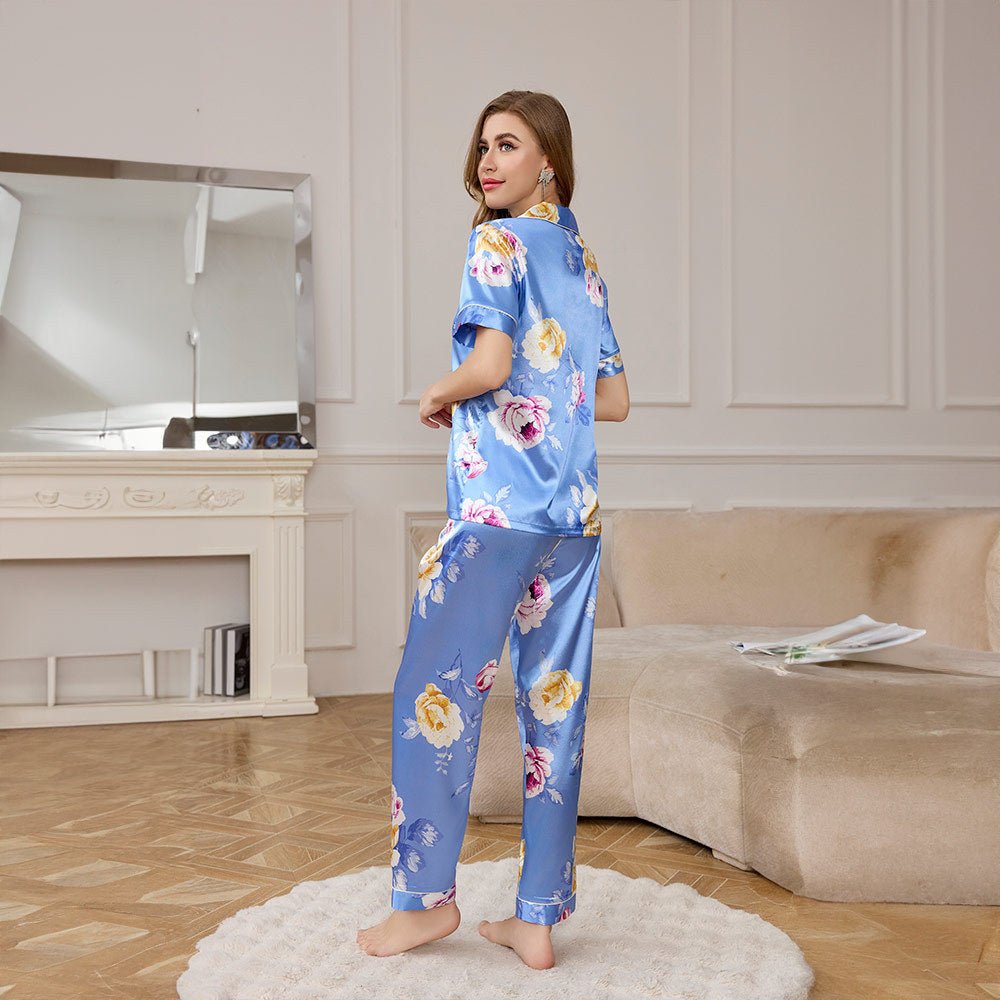 Spring and Autumn Ice Silk Pajamas Women's Short Sleeve Pants Set Premium Printed Homewear Summer Breathable TZ3432 - Negative Apparel