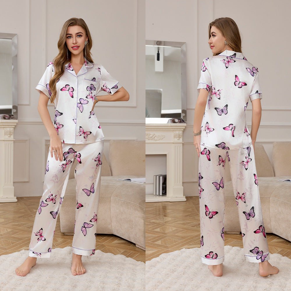 Spring and Autumn Ice Silk Pajamas Women's Short Sleeve Pants Set Premium Printed Homewear Summer Breathable TZ3432 - Negative Apparel