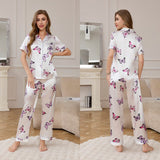 Spring and Autumn Ice Silk Pajamas Women's Short Sleeve Pants Set Premium Printed Homewear Summer Breathable TZ3432 - Negative Apparel