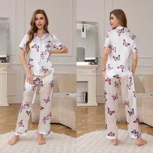 Spring and Autumn Ice Silk Pajamas Women's Short Sleeve Pants Set Premium Printed Homewear Summer Breathable TZ3432 - Negative Apparel