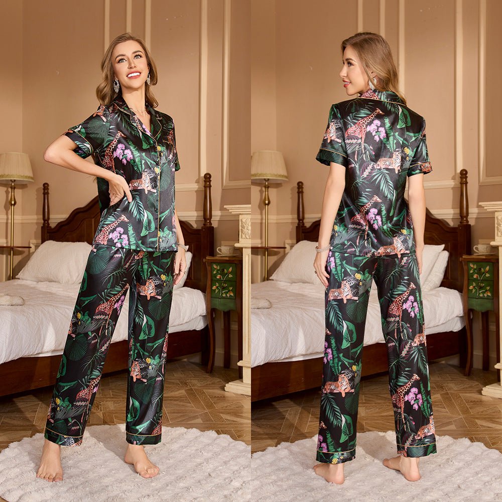 Spring and Autumn Ice Silk Pajamas Women's Short Sleeve Pants Set Premium Printed Homewear Summer Breathable TZ3432 - Negative Apparel