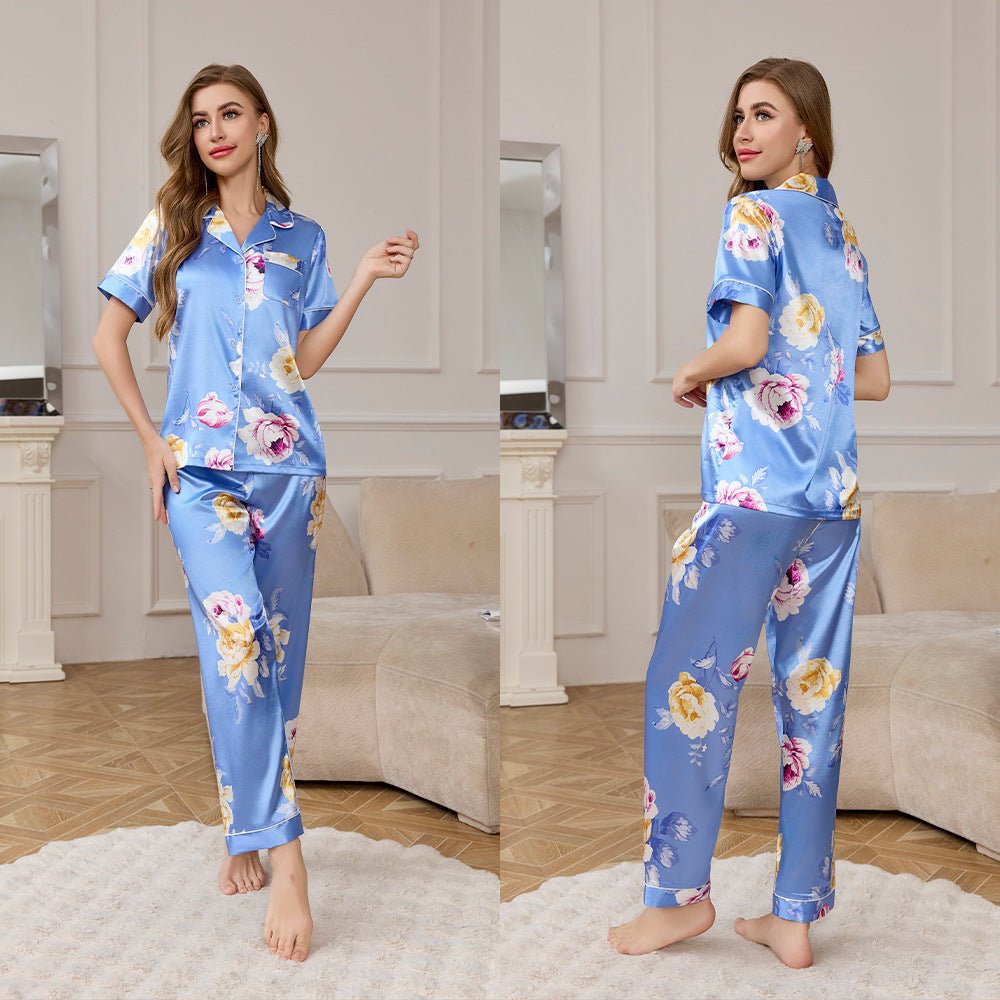 Spring and Autumn Ice Silk Pajamas Women's Short Sleeve Pants Set Premium Printed Homewear Summer Breathable TZ3432 - Negative Apparel