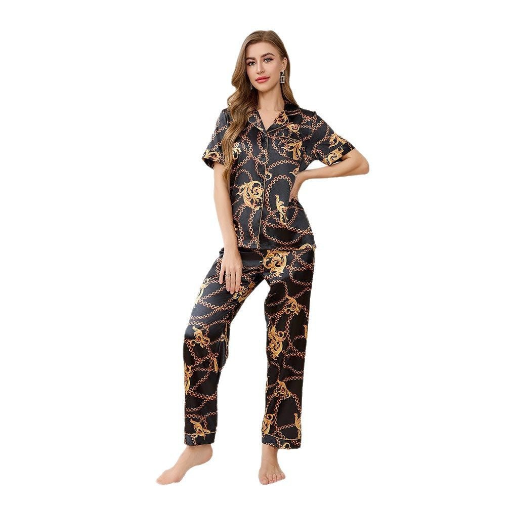 Spring and Autumn Ice Silk Pajamas Women's Short Sleeve Pants Set Premium Printed Homewear Summer Breathable TZ3432 - Negative Apparel