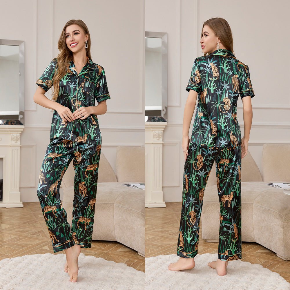 Spring and Autumn Ice Silk Pajamas Women's Short Sleeve Pants Set Premium Printed Homewear Summer Breathable TZ3432 - Negative Apparel