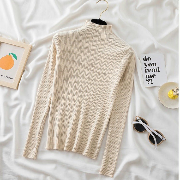 Spring and autumn new sweater women's bottoming shirt with long - sleeved top inside slim - fitting versatile semi - turtleneck knitted sweater women's texture - Negative Apparel