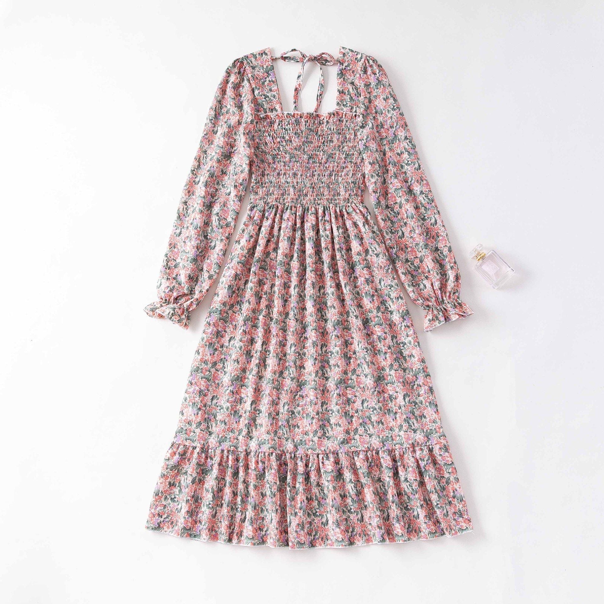 Spring and autumn new women's casual and thin French coffee break floral long - sleeved square neck dress fairy - Negative Apparel