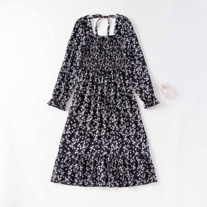 Spring and autumn new women's casual and thin French coffee break floral long - sleeved square neck dress fairy - Negative Apparel