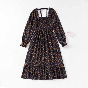 Spring and autumn new women's casual and thin French coffee break floral long - sleeved square neck dress fairy - Negative Apparel