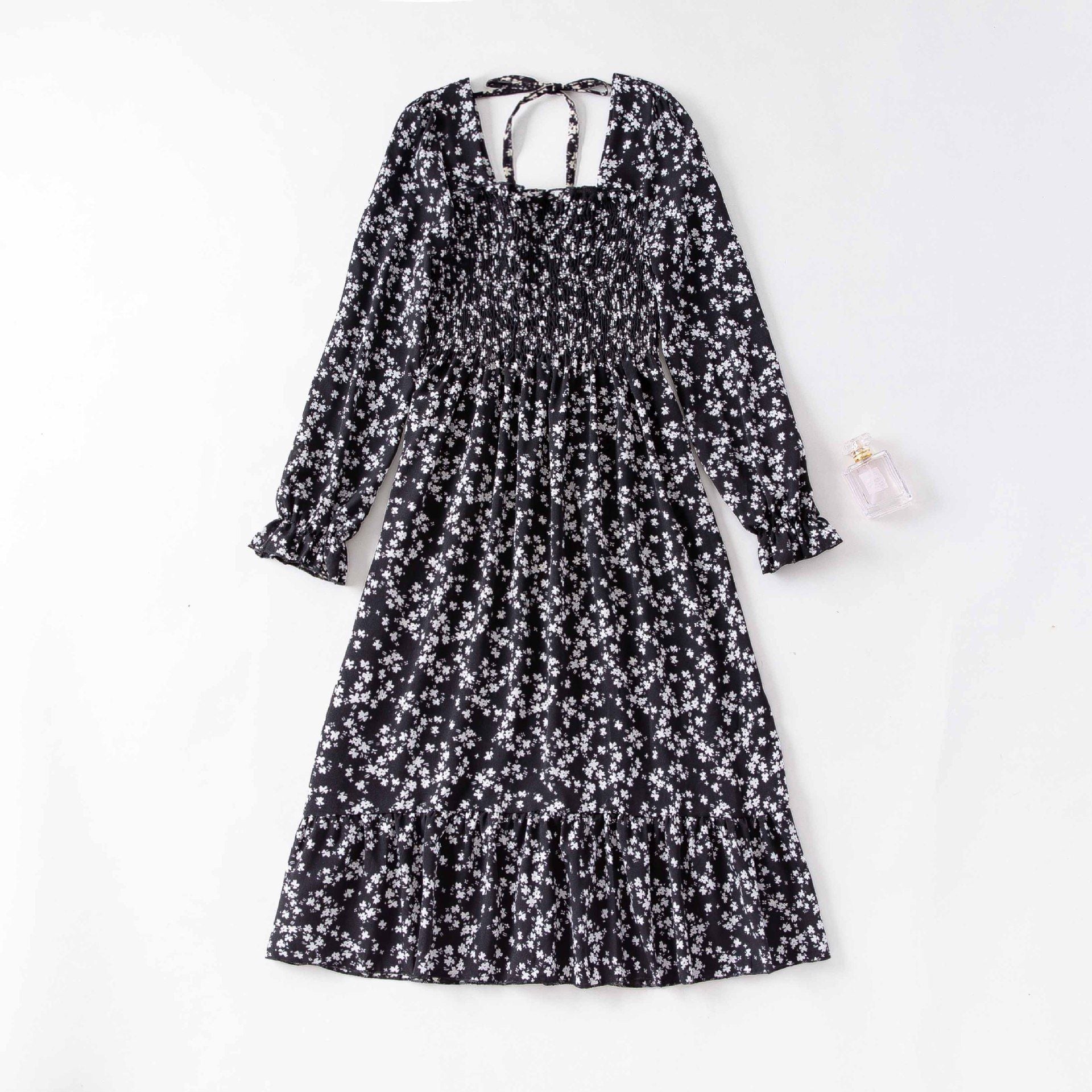 Spring and autumn new women's casual and thin French coffee break floral long - sleeved square neck dress fairy - Negative Apparel