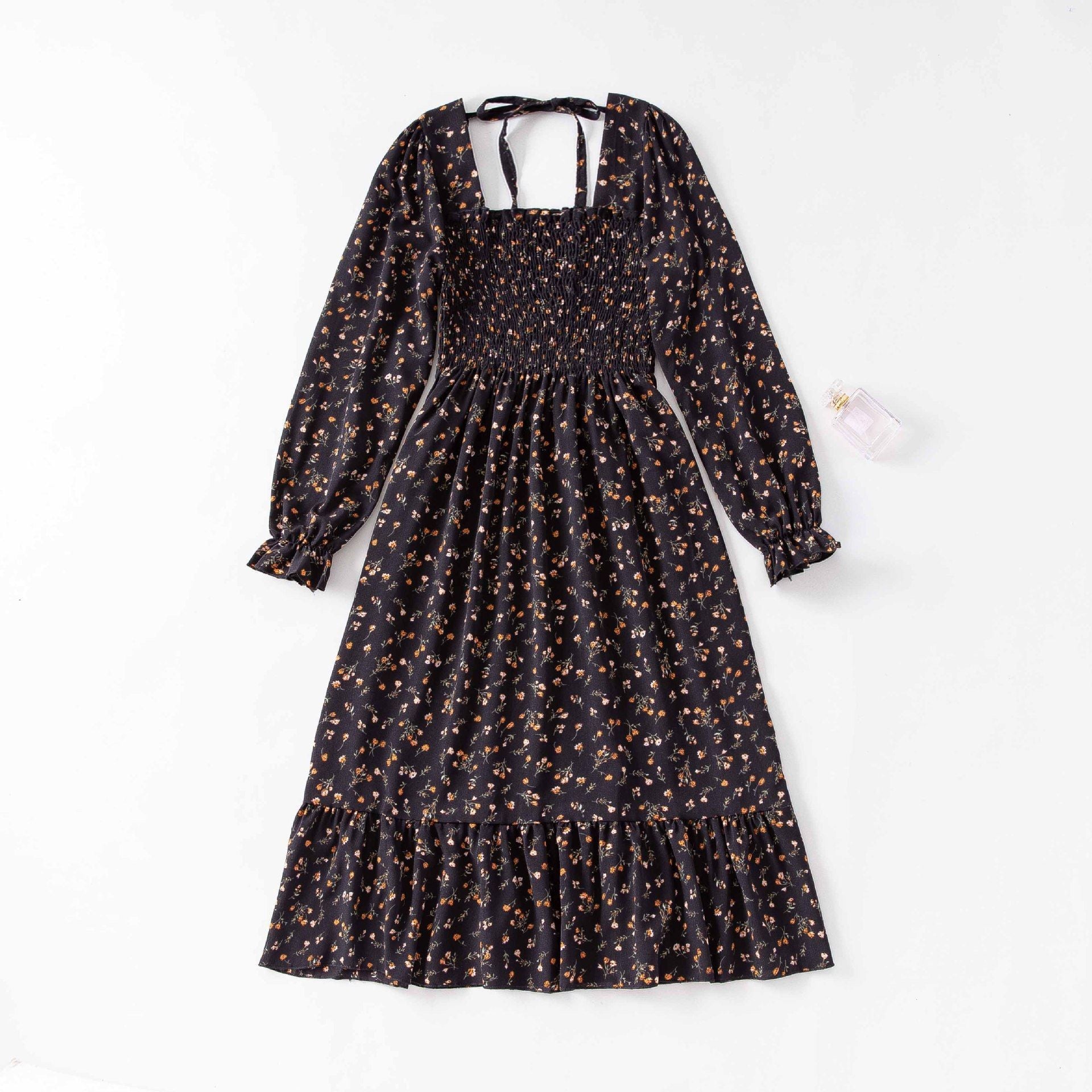 Spring and autumn new women's casual and thin French coffee break floral long - sleeved square neck dress fairy - Negative Apparel
