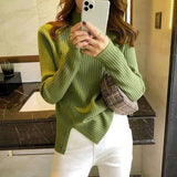 Spring and Autumn thin semi - turtleneck long - sleeved knitted sweater top design sense niche short split sweater women's bottoming shirt - Negative Apparel