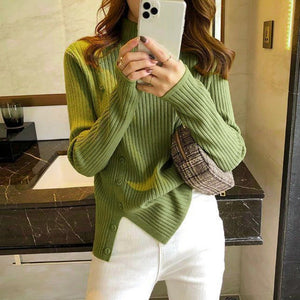 Spring and Autumn thin semi - turtleneck long - sleeved knitted sweater top design sense niche short split sweater women's bottoming shirt - Negative Apparel