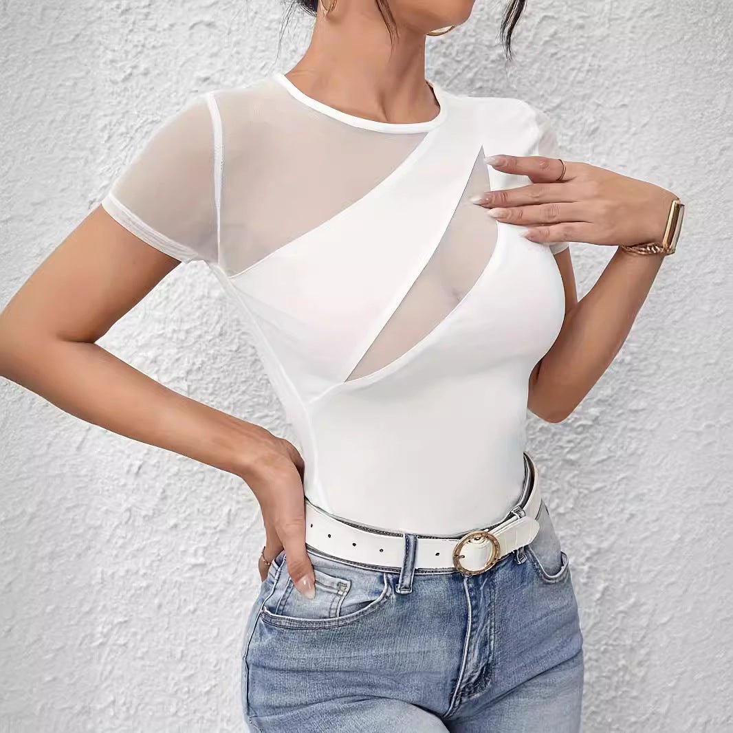 spring and summer 2025 new sexy solid color short - sleeved net splicing new T-shirt thin top women - Negative Apparel
